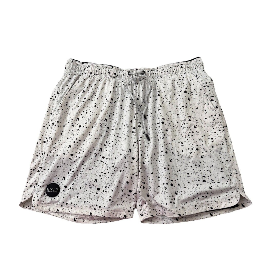BYLT Premium Basics Training Shorts Mens XXL White Black Splatter Athletic Lined